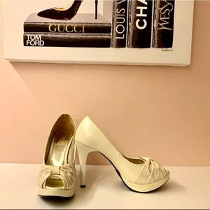 Platform Creamy White open toe heels, size 6, Made in Taiwan